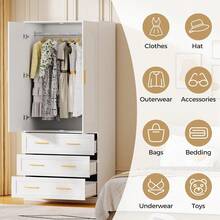 71 Inch Wooden Armoire Wardrobe Closet With 3 Drawers, Freestanding Clothes Storage Cabinet With Hanging Rod For Bedroom, Entryway, Living Room - 1 - View 6