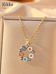 Hihho 1pc Evil Eye Floral Wreath Pendant Necklace, Multicolor Zirconia Options, Hollow Floral Wreath Circular Design, Inlaid With Evil Eye Pattern, Symbolizing Good Luck, Perfect Gift Accessory - Wreath - View 3
