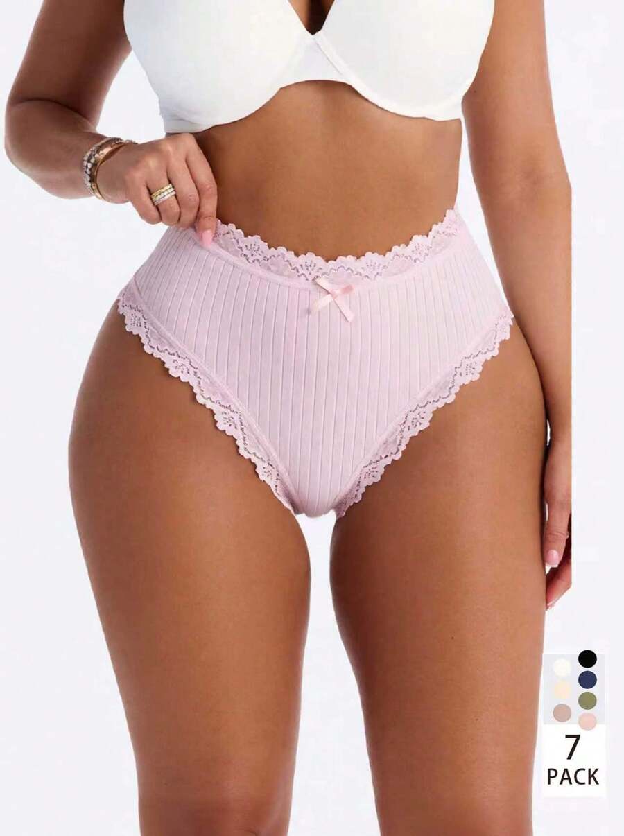 7pcs/Pack Women's Romantic Ribbed Bow Cotton Underwear, Casual Sports Panties