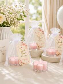1/6/12 Sets Light Pink Floral Candles Party Favors, Includes Organza Bags And Thank You Cards, Suitable For Baby Shower, Baptism, First Communion And Birthday Guest Gifts - Pink - View 9