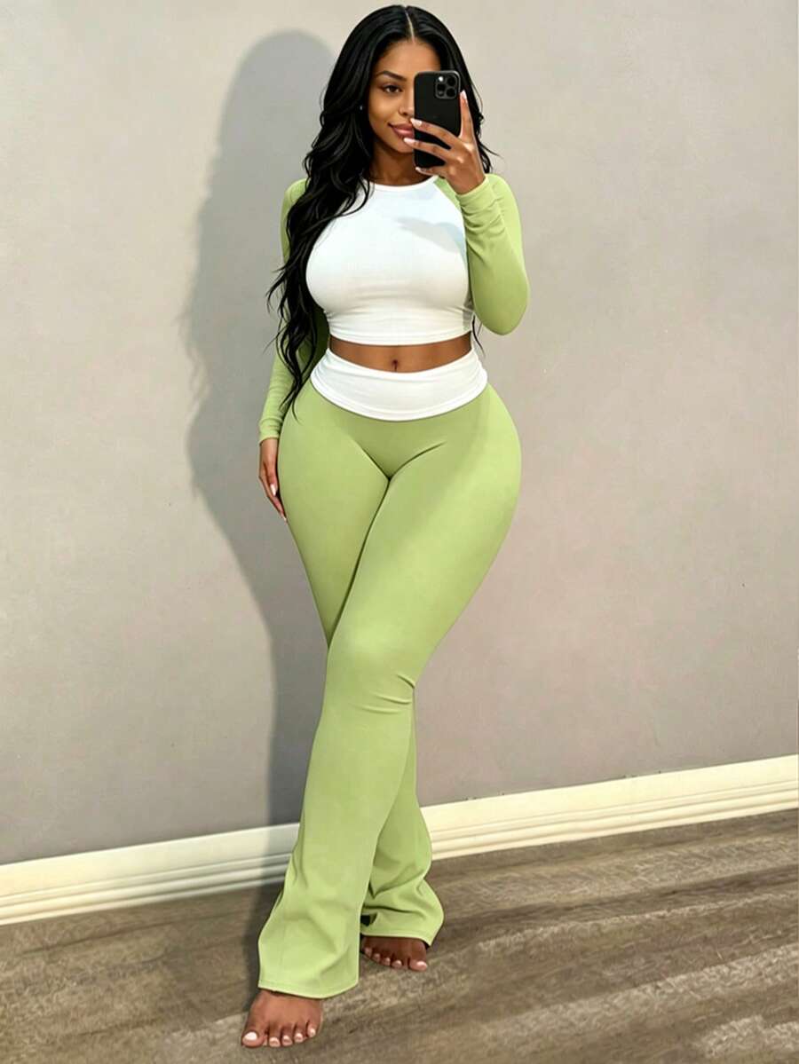 Women's Casual Round Neck Long Sleeve Colorblock Patchwork T-Shirt And Ruched Waist Flare Pants Set, Spring Outfit Elegant - Green - View 1