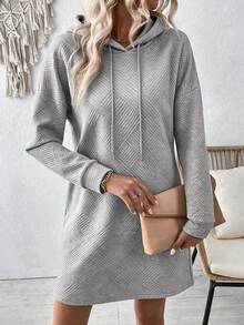 Women's Casual Lazy Style Rhombus Embossed Fabric Hooded Sweatshirt Dress, Drawstring Loose Drop Shoulder Long Sleeve Mid-Length Pullover Sweatshirt Dress - Grey - View 4
