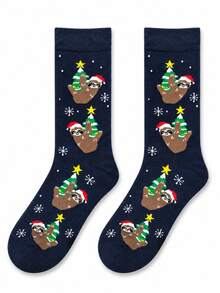 1 Pair Of Men Crew Sock, Christmas Sloth Xmas Tree Snowflake Pattern Socks, Soft Warm Fall Winter, Halloween Christmas Gift For Men & Women - Multicolor - View 7