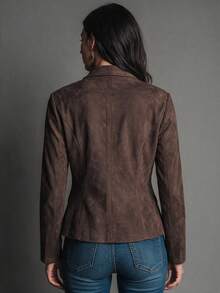 Women's Brown Suede Blazer, Long Sleeve, Button Detail Collar, Suede Fashion Autumn Jacket - Coffee Brown - View 5