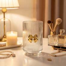 1pc Transparent Acrylic Makeup Brush Holder With Gold Bow, Creative Cosmetic Storage Bucket, Lipstick And Pen Organizer, Desktop Decor Makeup Storage Box - View 1