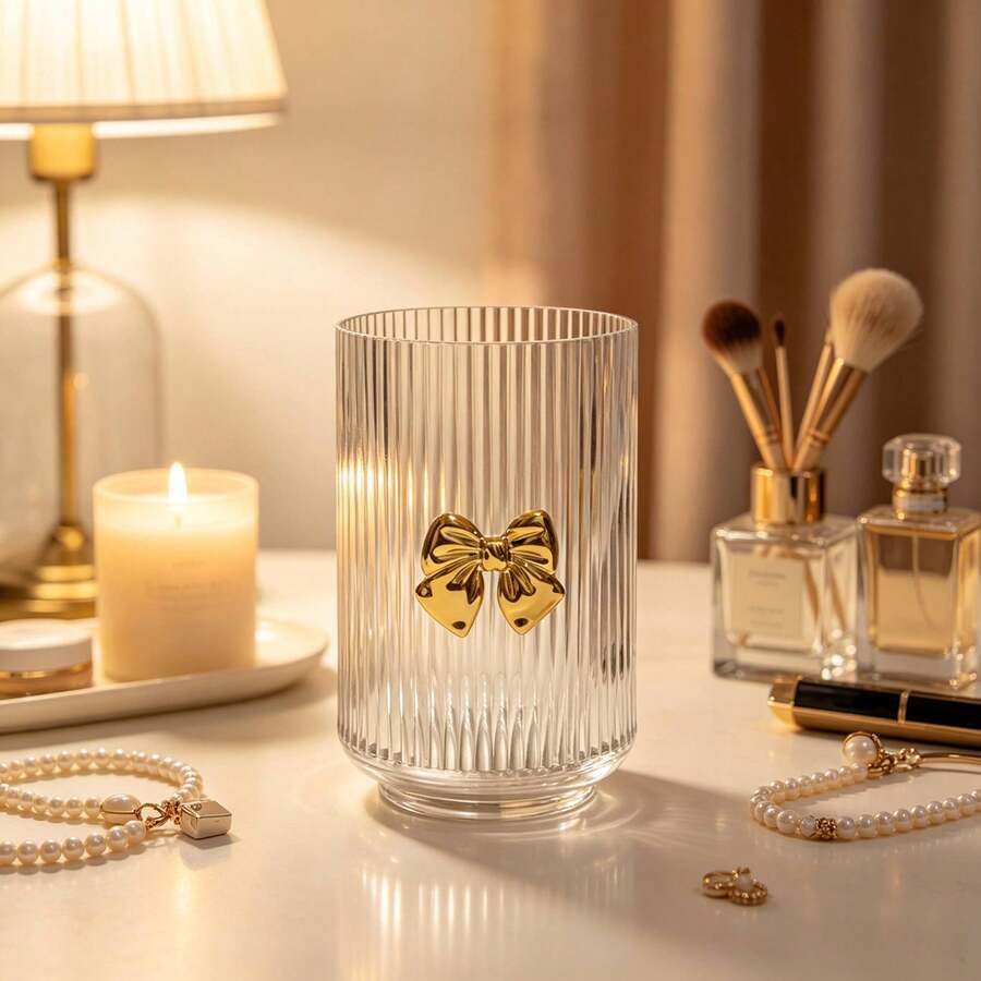 1pc Transparent Acrylic Makeup Brush Holder With Gold Bow, Creative Cosmetic Storage Bucket, Lipstick And Pen Organizer, Desktop Decor Makeup Storage Box - View 1