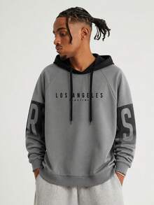 Men's Spring/Autumn Thin Colorblock Letter Print Drawstring Hooded Sweatshirt, Slim Fit Casual Sports Top - Dark Grey - View 1