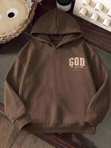 1pc Tween Girls' Vintage Ditsy Floral Padded Letter Hooded Sweatshirt, Casual Long Sleeve Top - Brown - View 2
