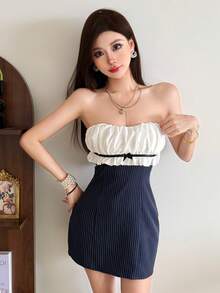 Top Dazzle Casual Pinstripe Tube Top Mini Dress With Ruffled Bustier And Backless Detail For A Chic And Flirty Look - Blue - View 7