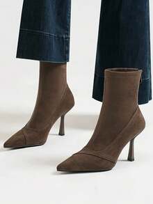 Women's Minimalist Office Style Flared Heel Pointed Toe Elastic Sock Ankle Boots - Coffee Brown - View 3