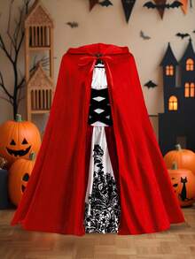 Tween Girls 2pcs Set Vintage Princess Dress & Cape With Ribbon, Velvet, Printed Satin Patchwork, Suitable For Halloween Party, Ball, Without Headband - Multicolor - View 5