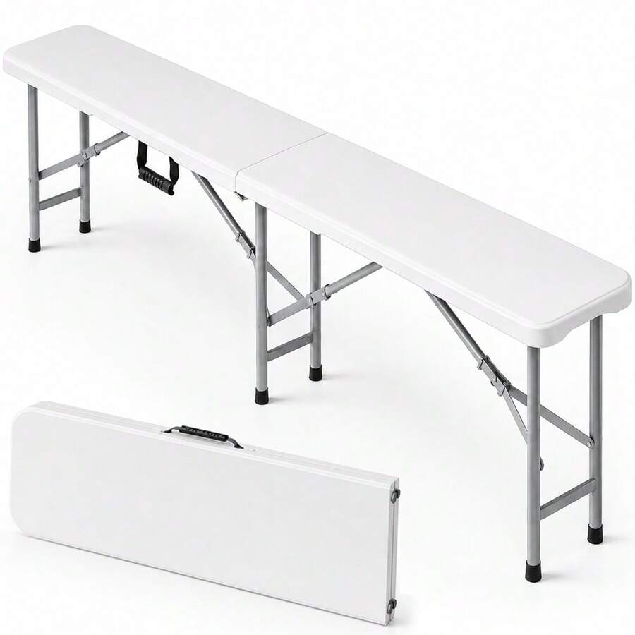 Bakaji Panchina Pieghevole e Salvaspazio per Esterno con Seduta in Polietilene e Struttura in Acciaio, Panca Richiudibili con Maniglia Ergonomica per Giardino, Feste, Buffet, 182 x 70 x 74 cm - Bianco - Visualizzare 1