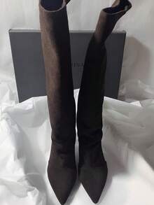 法式博主風尖頭寬筒及膝靴，北歐風小貓跟女款騎馬靴，INS時尚 - 咖啡棕 - 查看 4