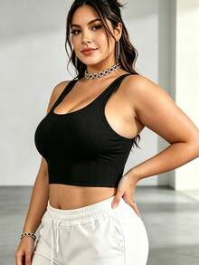 Plus Size Solid Color Jacquard Back Women's Sports Bra, Seamless High Elasticity Fitness Cropped Top - Black - View 2