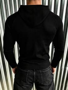 New Men's Casual Classic Ribbed Texture Raglan Sleeve Hooded Half-Zip Versatile Long Sleeve T-Shirt - Black - View 2