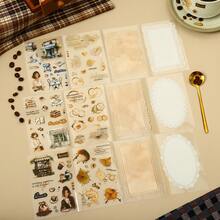 (6 styles envoyés aléatoirement) 1 pièce/paquet Autocollants de planification thème café vintage européen, décalcomanie esthétique créative, matériau de décoration DIY collage, cadeau de vacances, papeterie scolaire personnalisée pour album de découpage - PET aléatoire - Voir 4