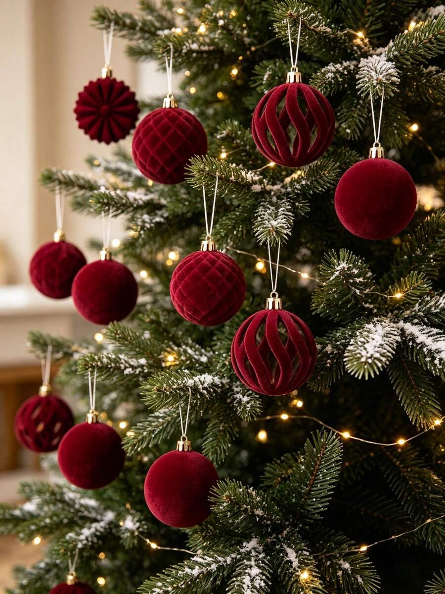 15pcs-Wine Red Christmas Flocked Ball Set, European Style Ins-Inspired Irregular Flocked Christmas Ball Set, Christmas Party Decoration - A - View 1