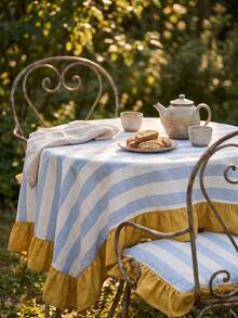 1pc Blue & White Large Plaid With Bright Yellow Ruffle Edge Tablecloth, Lively Pastoral Style Fabric Material, Rectangular Yellow Ruffle Edge Patchwork Detail Decoration, Functional Home Long Tablecloth Suitable For Family Gatherings And Vibrant Home Decor Scenes - Blue - View 7