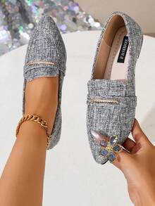 Spring/Autumn Women's Silver Metallic Pointed Toe Flat Loafers, Exquisite Soft Sole Non-Slip Breathable Slip-On Shoes, Fashionable Elegant Versatile For Office, Party, Date, Shopping - Grey - View 7