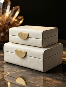 2pcs/Set Pebble Pattern PU Leather Jewelry Box With Lid, Rounded Corner Jewelry Storage Organizer, Crescent-Shaped Zinc Alloy Lock, Burgundy And Cream White, Bedroom Vanity Decor, Suitable For All Occasions Gift Box - Multicolor - View 2