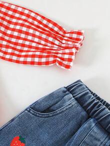 Girls Red Plaid Lace Large Collar Long Sleeve Shirt & Strawberry Embroidered Loose Wide Leg Denim Jeans 2pcs Set, Spring/Autumn - Red - View 5