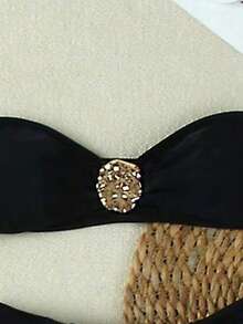 Summer Women's Metal Decor Solid Color Bandeau Bikini Dress 3pcs Set, Elegant Beach Vacation Party Outfit, Christmas And Halloween Wear - Black - View 7