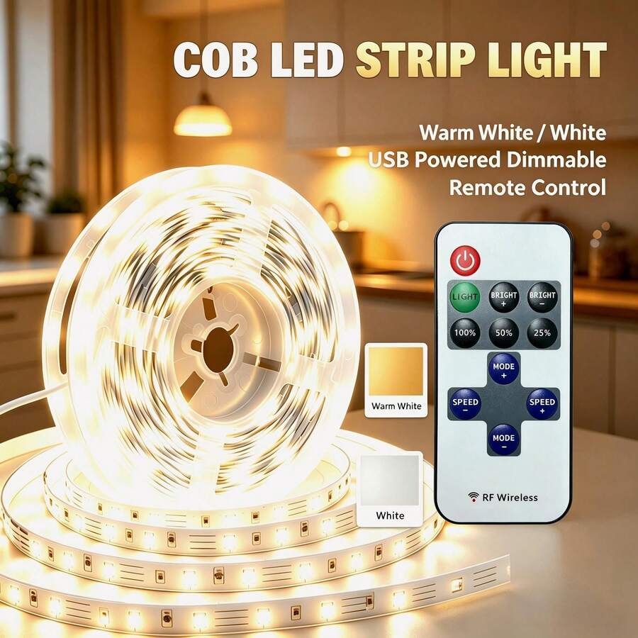 RF Wireless LED Strip Light With Remote Control, Dual Color Warm White & White Dimmable LED Tape Lights, Adjustable Brightness 25%/50%/100%, Multiple Dynamic Modes, For Home Cabinet Bedroom Decoration - Multicolor - View 1