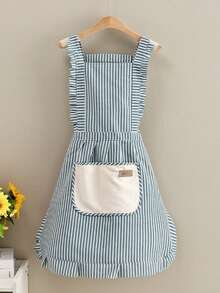 1pc Personalized Ruffle Apron, Adjustable Striped Kitchen Apron (With Pockets), Customized Baking Apron, Farmhouse Kitchen Accessory, Vintage Women'S Apron, Home Cooking Apron, Barista Apron, Handmade Style Kitchen Gift, Housewarming Gift - Multicolor - View 11
