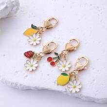 1pc Fruit & Daisy Enamel Bag Charms, Gold Tone Lobster Clasp Keychain Pendants With Strawberry, Lemon & Cherry For Bags, Keys & DIY - Quantity - View 3