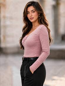 Plus Size Pink Striped Lace Square Neck Ruched Front Long Sleeve Top | Curve Autumn Women's Clothing & Plus Size Autumn Outfit - Pink - View 4