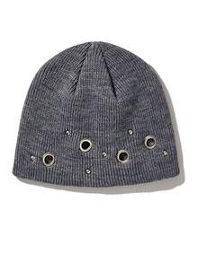1 chiếc mũ len beanie phong cách punk, đan kim, đính khoen kim loại, trang trí đinh tán cá tính, mũ trùm đầu streetwear đa năng - màu đen - Xem 10
