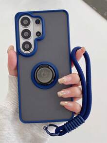 豪華一體式環扣半透明磨砂手機殼 + 尼龍繩，適用於 Galaxy S26Ultra S25Ultra S24Ultra S23Ultra S22Ultra S26Plus S26 S25Plus S24 S25，簡約全包防刮耐磨後蓋腕帶殼 - 藍色 - 查看 2