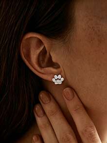 1 Pc Custom Engraved Pet Name Paw Print Stud Earrings, Personalized Dog Cat Paw Earring Jewelry Gift For Pet Lovers - Multicolor - View 6