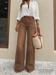 New Women's Denim Wide Leg Pants, High Quality Fashion Casual Pants, Comfortable Fit, Suitable For All Seasons, Fashionable Daily Wear Fall - Coffee Red - View 6