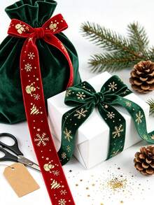 1roll 2.5cm Red And Green Velvet Ribbon With Gold Foil Accents – Featuring Winter Snowman And Snowflake Patterns; Ideal For Christmas Gift Wrapping, Gift Boxes, DIY Holiday Decor, Bouquets, Wreaths, And Tree Trimming. - Multicolor - View 4