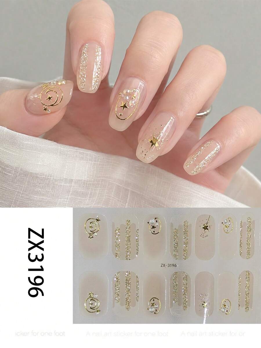 1 Sheet Summer-Themed, Soft And Luxurious Full-Coverage Nail Stickers. These Stickers Feature An Apricot Color Palette Accented With Sparkling Designs And Various Rhinestone Patterns, Making Them Perfect For Women And Young Girls.