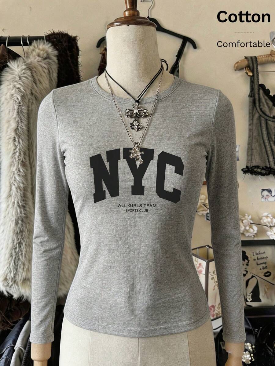 Autumn NYC ALL GIRLS TEAM SPORTS CLUB Printed Slim Fit Long Sleeve Crew Neck T-Shirt Base Layer - Grey - View 1