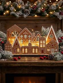 Christmas Gingerbread House Decor With Light Wooden Village Set,Gingerbread House Wooden Table Centerpiece Decor For Xmas,Farmhouse,Fireplace,Bookshelf,Dining Table,Windowsill - Multicolor - View 8