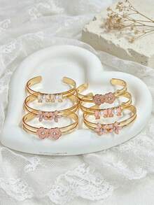 6pcs Pink Tone Bracelet Set, Flower, Gradient Bowknot, Exquisite Children's Jewelry Combination, Best Friend Sister Jewelry Set, Adjustable Size Design - Gold - View 5