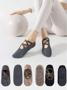 1/3 Pairs Women's Ballet Style Leopard Print Criss-Cross Strap Non-Slip Pilates Yoga Sports Socks - Multicolor - View 1