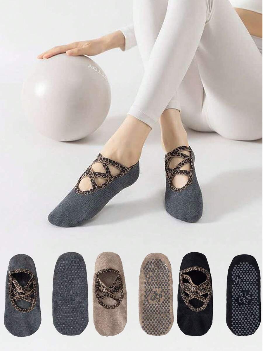1/3 Pairs Women's Ballet Style Leopard Print Criss-Cross Strap Non-Slip Pilates Yoga Sports Socks - Multicolor - View 1