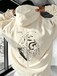 Men's Autumn/Winter Brain & Heart Art Puzzle Print Drawstring Hoodie - Apricot - View 3