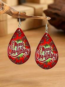 suteyi Pendientes colgantes de gota de lágrima de Navidad con estampado de Papá Noel, muñeco de nieve, árbol de Navidad, leopardo y cuadros, joyería de fiesta navideña, regalo para mujeres - Multicolor - Ver 5