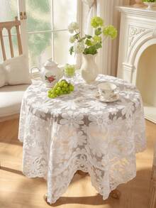 1PC White Floral Lace Tablecloth, Hollow Out Tulle Daisy Embroidered Table Cover, Vintage Bohemian Style Decorative Beautiful Tablecloth, Suitable For Dining Room, Party, Wedding And Home Decor - White - View 6