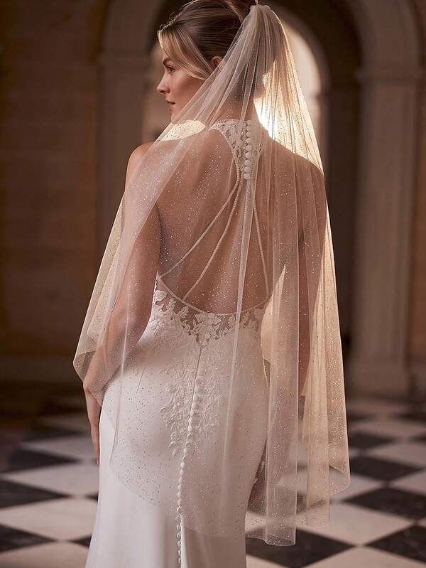 Premium Glitter Starry Bridal Veil With Built-In Comb, Mid-Length Plain Tulle Wedding Styling Photo Veil