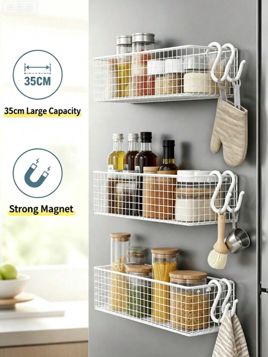 Magnetic Refrigerator Storage Basket Rack, Laundry Room Storage Organizer, Iron Storage Rack With Hanging Board Accessories, Suitable For Refrigerator, Microwave, Washing Machine, Refrigerator Organization