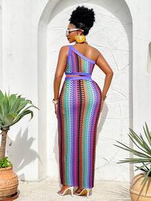 BIUBIU Chic Plus Size Sleeveless One Shoulder Knitted Bodycon Dress Long Length With Cut Out And Slit For Resort Vacation - Purple - View 2