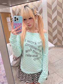 Polka Dot Letter Print Long Sleeve T-Shirt Women Minimalist Sexy Asymmetrical Shoulder Top - Mint Green - View 3