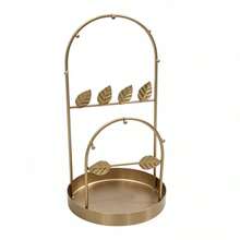 Gold Iron Jewelry Organizer With Leaf Design And Double Arch, Stand For Necklaces, Earrings And Bracelets With Round Base Tray For Rings, 15.5x30cm - Dorado - View 8
