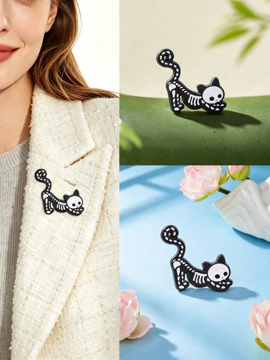 1pc Dark Funny Skeleton Cat Brooch, Cute And Cool Unique Design, Suitable For Coats, Backpacks, Jackets, Collars, Brighten Up Your Outfit, Perfect As A Novelty Gift For Friends - Black and White - View 1